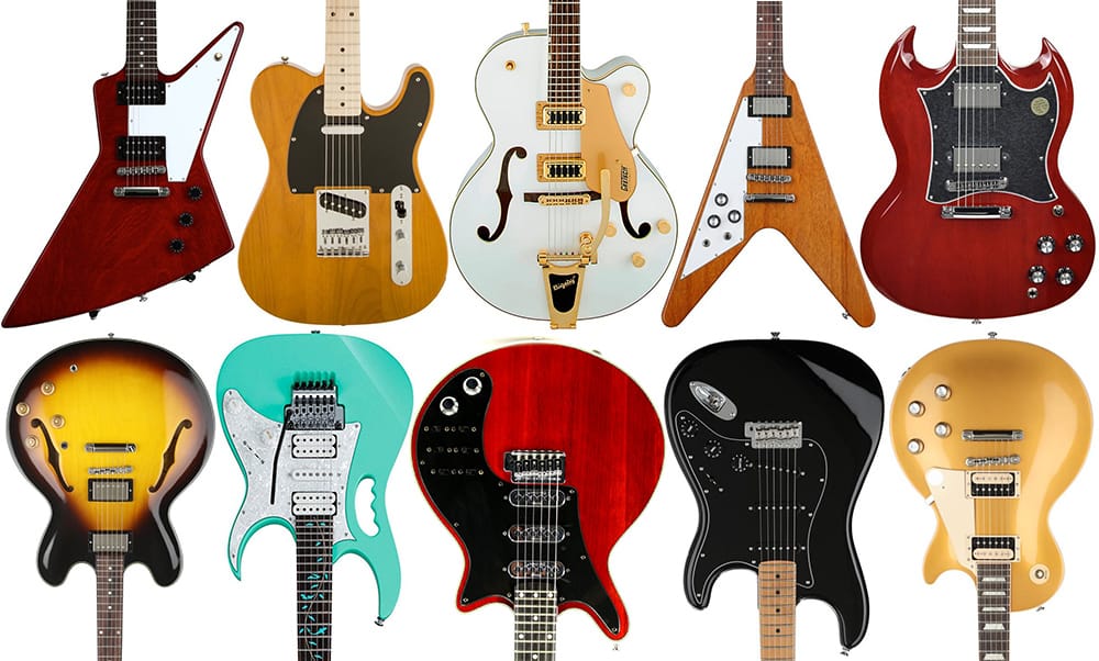 Bodies of many electric guitars. They range from round to spikey, and are all many different colors consisting of reds, blues, yellows, oranges, etc.