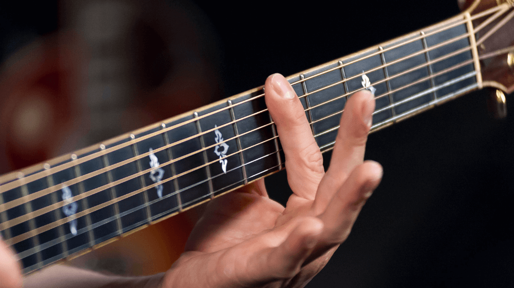 An image of a man with his fingers holding down the strings of a guitar against the neck.