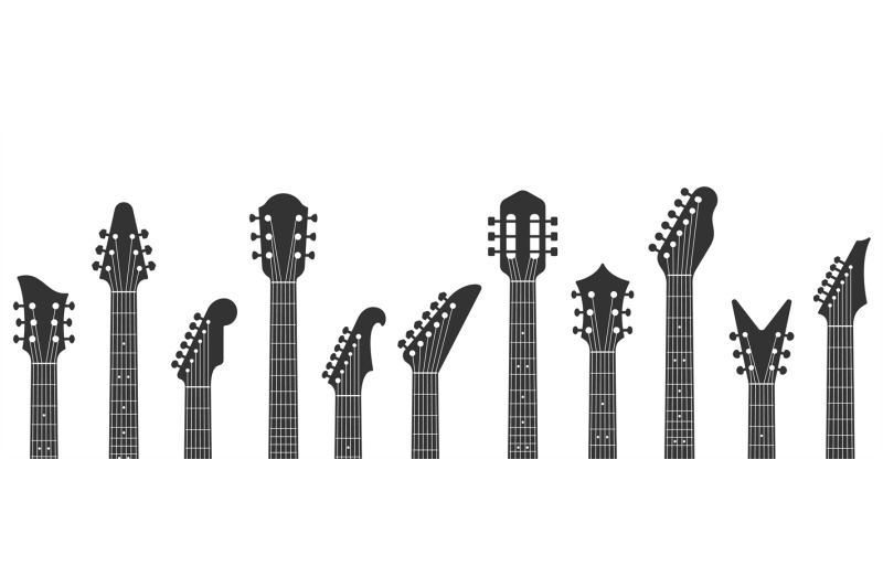 It is an image of many different silhouettes of types of guitar headstocks.